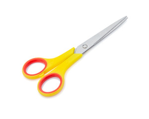 Yellow scissors isolated on a white background