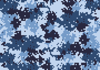 abstract square 8 bit art camouflage military pattern, skin texture blue color, fashion fabric printing vector illustration.