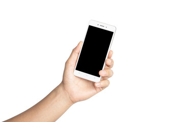 close up hand hold smartphone isolated on white, with clipping path.