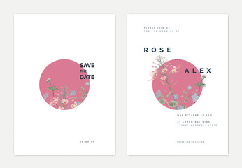 Minimalist botanical wedding invitation card template design, pink peacock and other flowers in pink circle frame on white