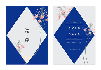 Minimalist botanical wedding invitation card template design, pink peacock flowers with diamond frame in blue theme