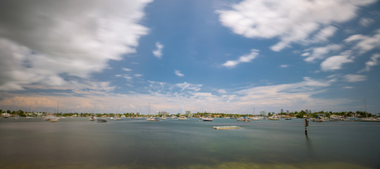 Long exposure daytime panorama Miami Beach sailboats in Biscayne Bay