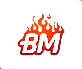 Naklejka premium Uppercase initial logo letter BM with blazing flame silhouette, simple and retro style logotype for adventure and sport activity.