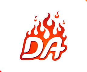 Uppercase initial logo letter DA with blazing flame silhouette,  simple and retro style logotype for adventure and sport activity.