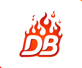Uppercase initial logo letter DB with blazing flame silhouette,  simple and retro style logotype for adventure and sport activity.