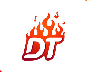 Uppercase initial logo letter DT with blazing flame silhouette,  simple and retro style logotype for adventure and sport activity.