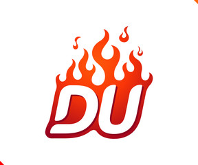 Uppercase initial logo letter DU with blazing flame silhouette,  simple and retro style logotype for adventure and sport activity.