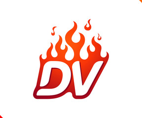 Uppercase initial logo letter DV with blazing flame silhouette,  simple and retro style logotype for adventure and sport activity.