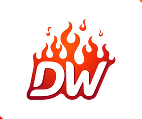 Uppercase initial logo letter DW with blazing flame silhouette,  simple and retro style logotype for adventure and sport activity.