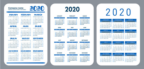 2020 year. Annual pocket calendar set. Vector design collection. Blue color English calender. Basic grid template for print. Week starts on Sunday