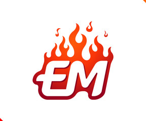 Uppercase initial logo letter EM with blazing flame silhouette,  simple and retro style logotype for adventure and sport activity.