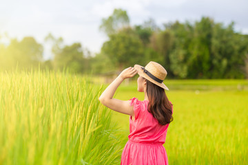 Pretty Asian woman enjoying in the golden rice field while the beautiful sun lighting.  Relaxation and leisure concept.  Woman's portrait in nature background.