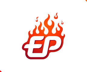 Uppercase initial logo letter EP with blazing flame silhouette,  simple and retro style logotype for adventure and sport activity.