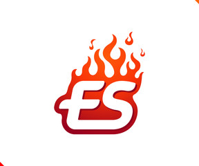 Uppercase initial logo letter ES with blazing flame silhouette,  simple and retro style logotype for adventure and sport activity.