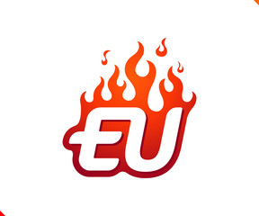 Uppercase initial logo letter EU with blazing flame silhouette,  simple and retro style logotype for adventure and sport activity.