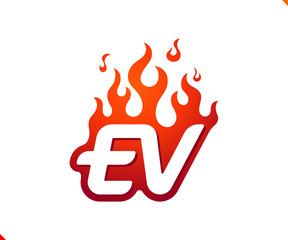 Uppercase initial logo letter EV with blazing flame silhouette,  simple and retro style logotype for adventure and sport activity.