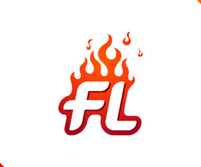 Uppercase initial logo letter FL with blazing flame silhouette,  simple and retro style logotype for adventure and sport activity.