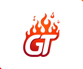 Uppercase initial logo letter GT with blazing flame silhouette,  simple and retro style logotype for adventure and sport activity.