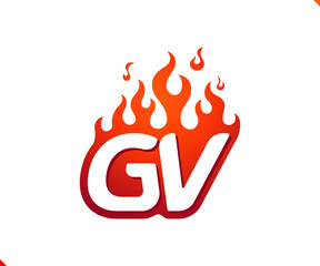 Uppercase initial logo letter GV with blazing flame silhouette,  simple and retro style logotype for adventure and sport activity.