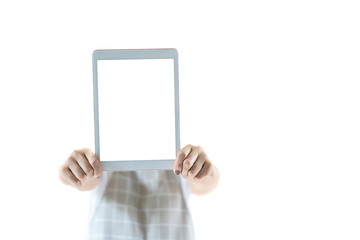 Young woman chef holding the empty black screen tablet close up.  Isolated on white background.