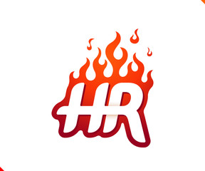 Uppercase initial logo letter HR with blazing flame silhouette,  simple and retro style logotype for adventure and sport activity.