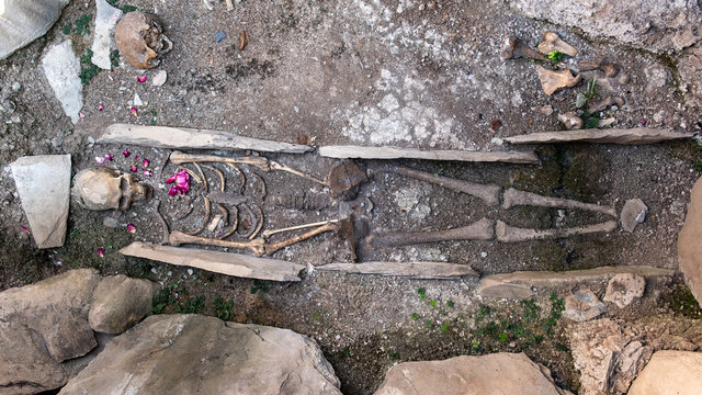The territory of the Albanian-Udine church of St. Elisha the Apostle, the skeleton in the ancient crypt. Shaki city, Azerbaijan
