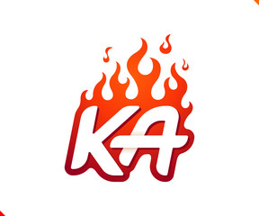 Uppercase initial logo letter KA with blazing flame silhouette,  simple and retro style logotype for adventure and sport activity.