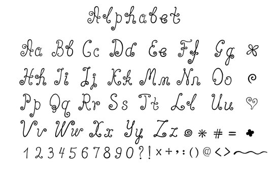 English alphabet with handwritten letters, numbers and symbols. Manual illustration for design. Black uppercase and lowercase letters for the design of cards, invitations, greetings