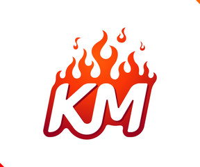 Uppercase initial logo letter KM with blazing flame silhouette,  simple and retro style logotype for adventure and sport activity.