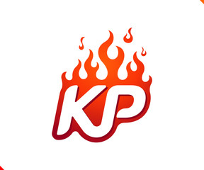 Uppercase initial logo letter KP with blazing flame silhouette,  simple and retro style logotype for adventure and sport activity.