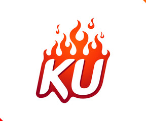 Uppercase initial logo letter KU with blazing flame silhouette,  simple and retro style logotype for adventure and sport activity.