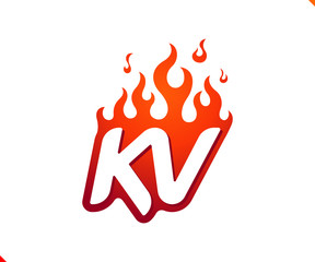 Uppercase initial logo letter KV with blazing flame silhouette,  simple and retro style logotype for adventure and sport activity.