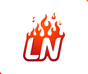 Uppercase initial logo letter LN with blazing flame silhouette,  simple and retro style logotype for adventure and sport activity.
