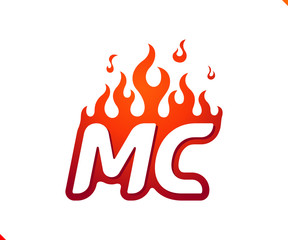 Uppercase initial logo letter MC with blazing flame silhouette,  simple and retro style logotype for adventure and sport activity.