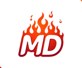 Uppercase initial logo letter MD with blazing flame silhouette,  simple and retro style logotype for adventure and sport activity.