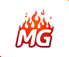 Uppercase initial logo letter MG with blazing flame silhouette,  simple and retro style logotype for adventure and sport activity.