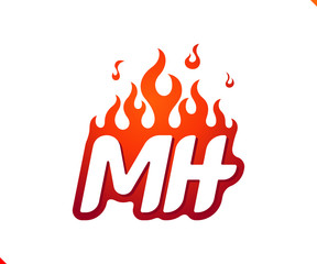 Uppercase initial logo letter MH with blazing flame silhouette,  simple and retro style logotype for adventure and sport activity.
