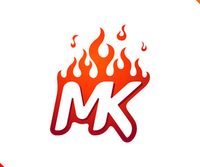 Uppercase initial logo letter MK with blazing flame silhouette,  simple and retro style logotype for adventure and sport activity.