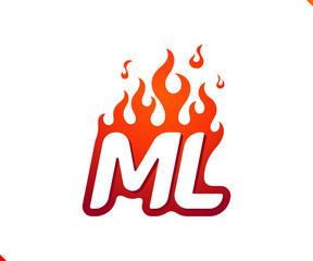 Uppercase initial logo letter ML with blazing flame silhouette,  simple and retro style logotype for adventure and sport activity.