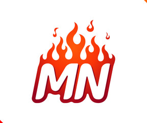 Uppercase initial logo letter MN with blazing flame silhouette,  simple and retro style logotype for adventure and sport activity.