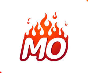 Uppercase initial logo letter MO with blazing flame silhouette,  simple and retro style logotype for adventure and sport activity.