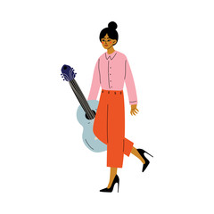 Young Woman Carrying Guitar, Girl Shopping at Marketplace Vector Illustration