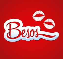 Besos, Kisses spanish text, vector illustration with sexy red lips.