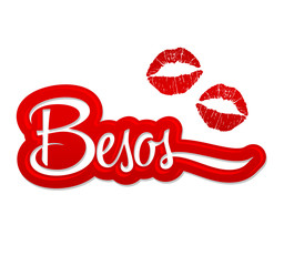 Besos, Kisses spanish text, vector illustration with sexy red lips.