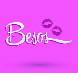 Besos, Kisses spanish text, vector illustration with sexy red lips.