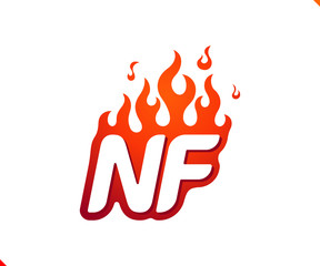 Uppercase initial logo letter NF with blazing flame silhouette,  simple and retro style logotype for adventure and sport activity.
