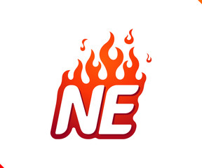 Uppercase initial logo letter NE with blazing flame silhouette,  simple and retro style logotype for adventure and sport activity.