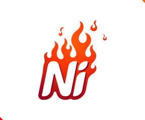 Uppercase initial logo letter NI with blazing flame silhouette,  simple and retro style logotype for adventure and sport activity.