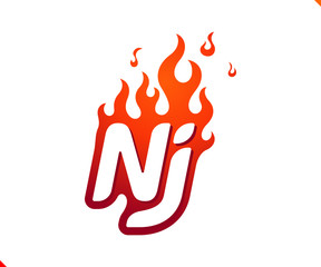Uppercase initial logo letter NJ with blazing flame silhouette,  simple and retro style logotype for adventure and sport activity.