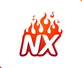 Uppercase initial logo letter NX with blazing flame silhouette,  simple and retro style logotype for adventure and sport activity.